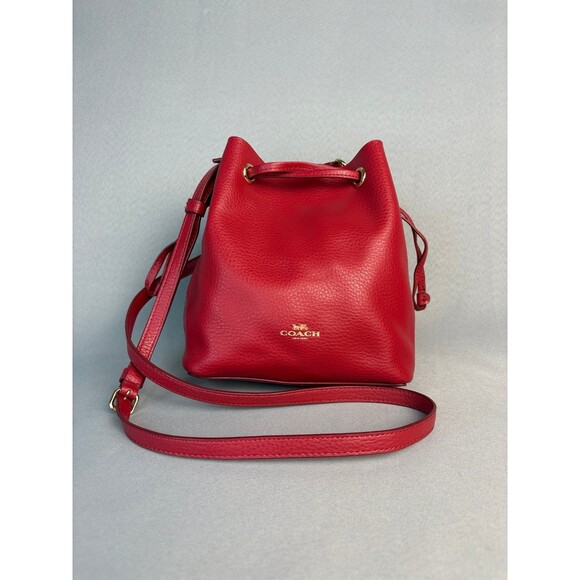 Coach Purse Derby Crossbody Bag Red Pebbled Leather Drawstring Bucket Sold Out! - Picture 1 of 12
